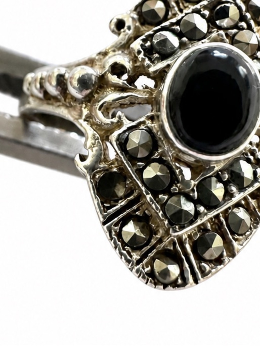 Antique 1920s Art Deco Sterling Silver Black Onyx Marcasite Ring Size 10 - Picture 9 of 11